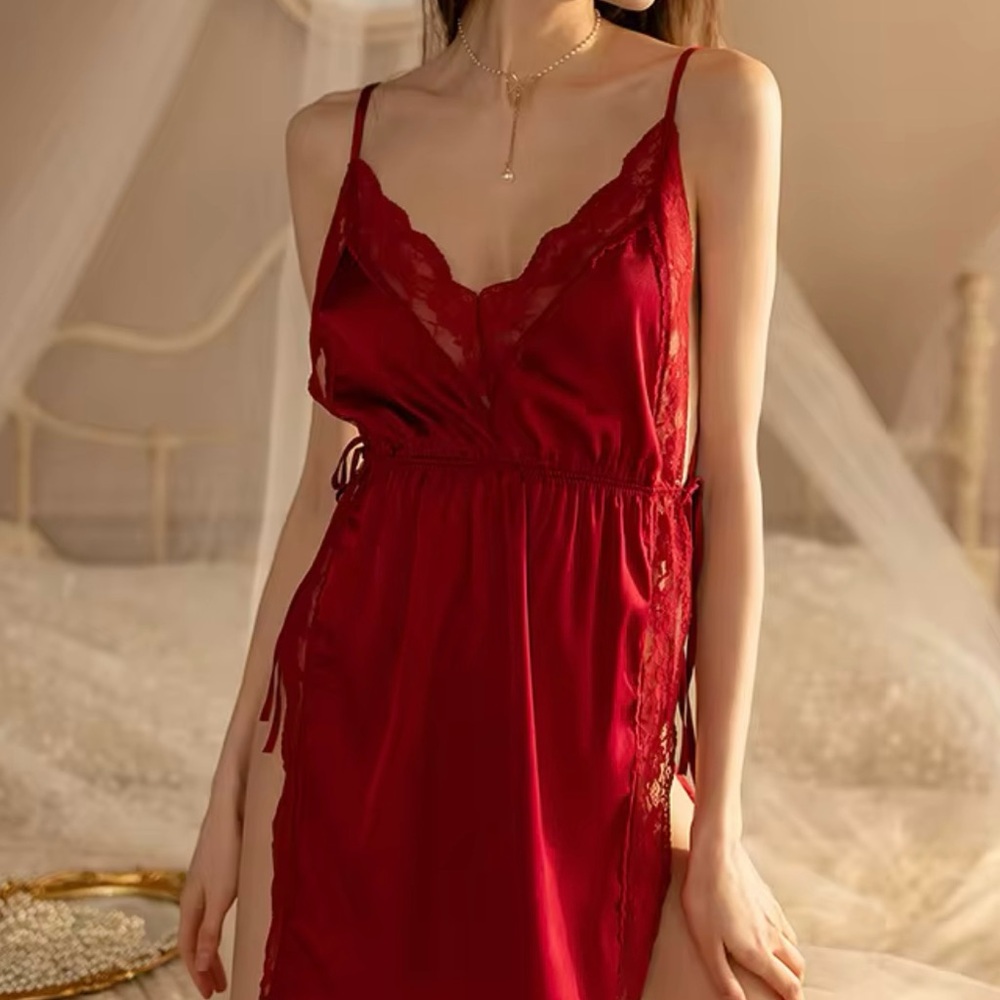 Elegant Red Lace Trim Nightgown